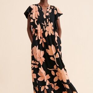 Anthropologie Maeve Cassandra Floral black and apricot maxi dress